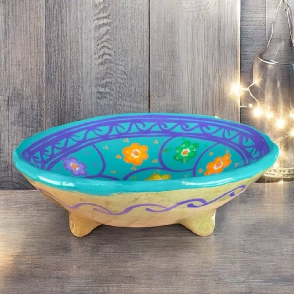 Hand Painted Mexican Pottery Footed Salsa Dish Trinket Dish Holder Vintage Decor